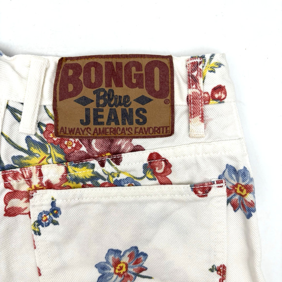 Vintage 80s 90s BONGO White & Floral Print Denim High Rise Mom Shorts Jr 1 25x2" - Picture 13 of 14